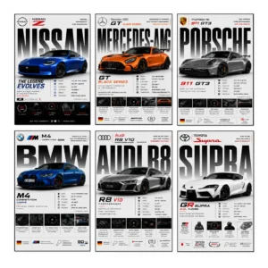 Premium Car Poster Set A4 Size- Pack of 6 Premium Prints