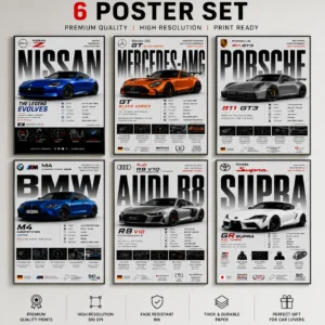 Premium Car Poster Set A4 Size- Pack of 6 Premium Prints