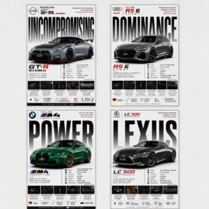 Premium Car Poster Set A4 Size Pack of 4