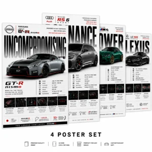 Premium Car Poster Set A4 Size Pack of 4